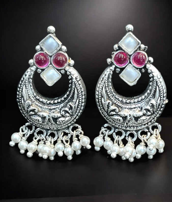 The Kiara Silver Chandbali Earrings (Red & Pearl)