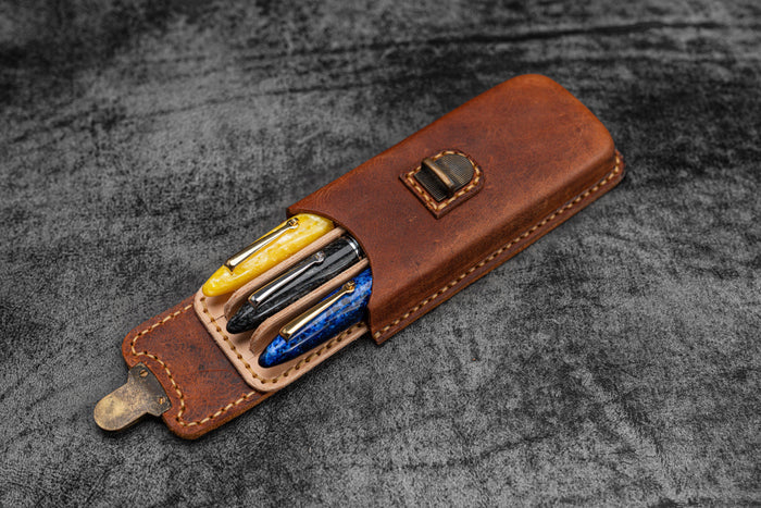 The Old School - Leather Molded Pen Case for 3 Pens - Distressed Leather