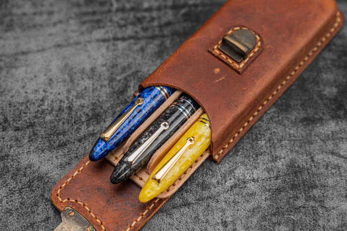 The Old School - Leather Molded Pen Case for 3 Pens - Distressed Leather