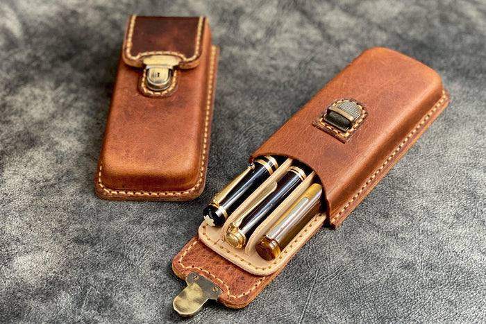 The Old School - Leather Molded Pen Case for 3 Pens - Distressed Leather