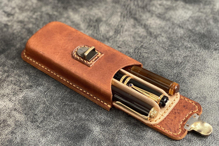 The Old School - Leather Molded Pen Case for 3 Pens - Distressed Leather