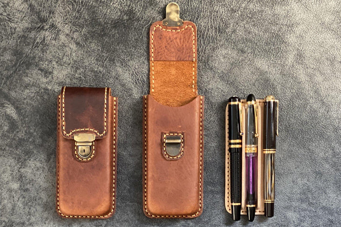 The Old School - Leather Molded Pen Case for 3 Pens - Distressed Leather