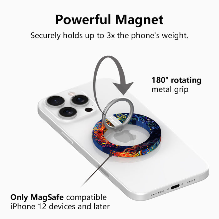 The Wishing Tree mystical fantasy MagSafe phone grip ring with vibrant orange and blue swirling filigree branches on a dark background compatible with iPhone and Samsung