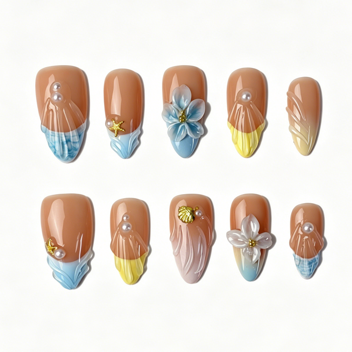 Medium Almond Press On Nails, Summer Ocean 3D Flower Starfish Shell Pearl Fake Nail Set