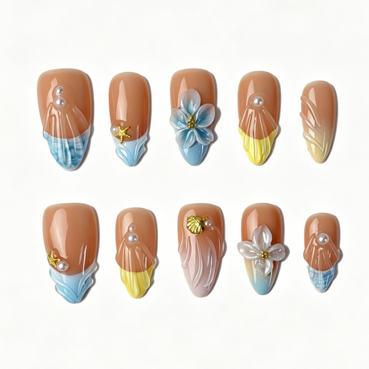 Medium Almond Press On Nails, Summer Ocean 3D Flower Starfish Shell Pearl Fake Nail Set