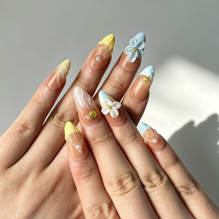 Tropical Beach Press On Nails, Nude Gradient Floral Starfish Nails on Hand