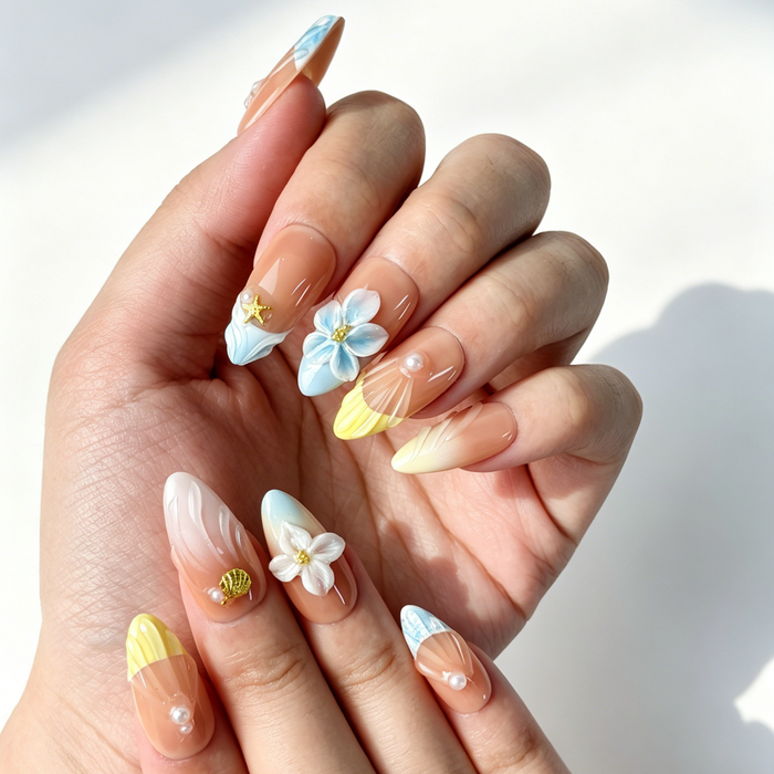 Close Up Ocean Nail Art, 3D Plumeria Starfish Shell Pearl Nail Decor