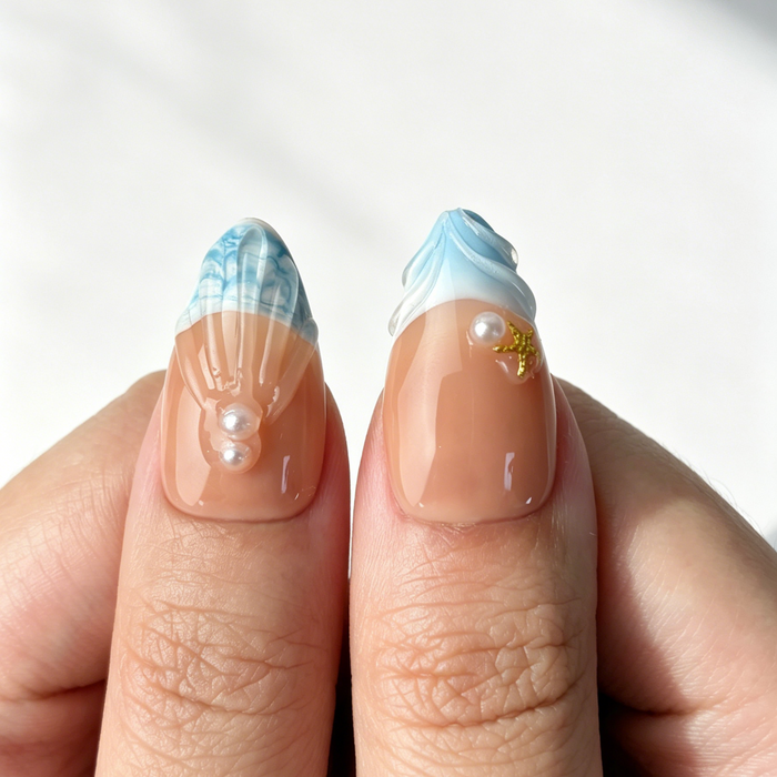 Beach Floral Press On Nails, Medium Almond Gradient Fake Nail Set