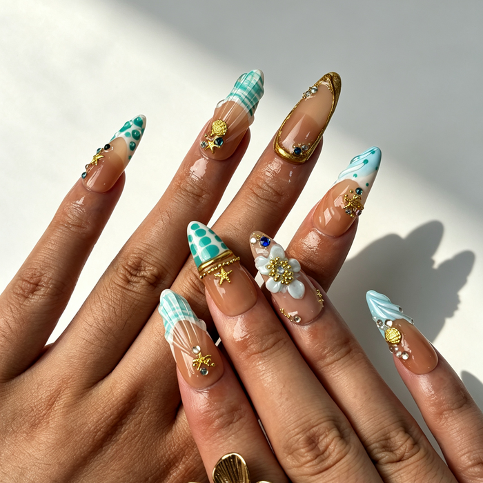 Summer beach press‑on nails, blue green ocean design wearable false nails