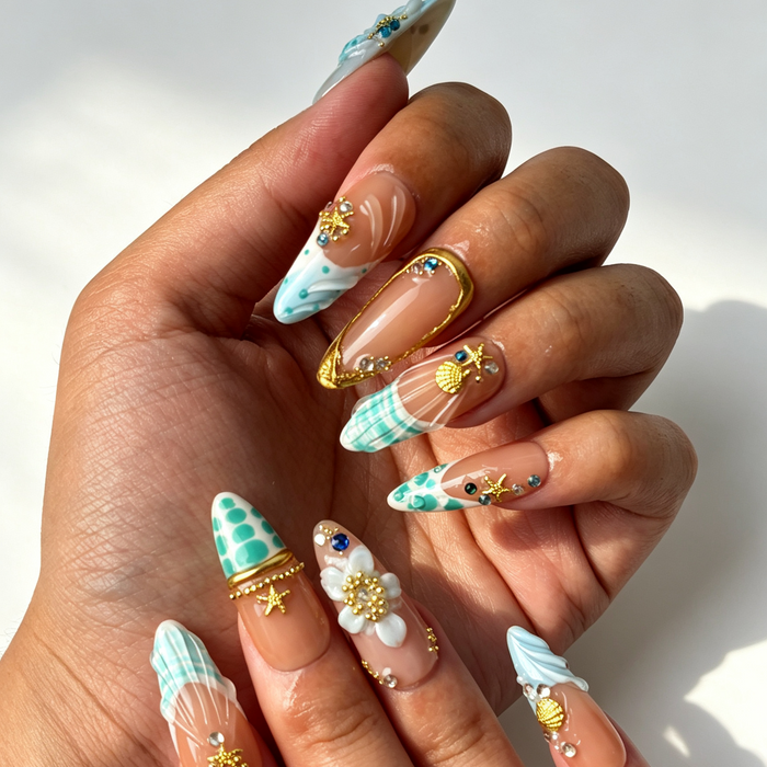 Long almond ocean press on nails, 3D shell starfish manicure