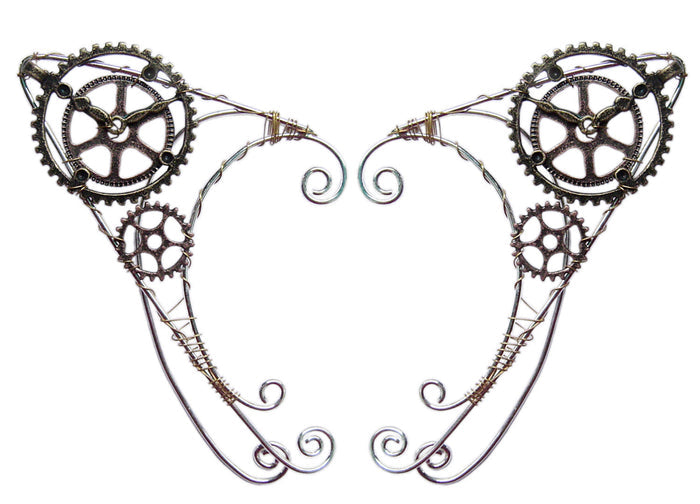 Pair of steampunk clock elf ear cuffs, lightweight, no piercing, front view