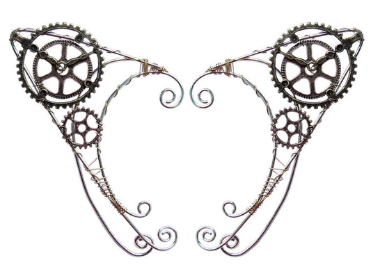 Pair of steampunk clock elf ear cuffs, lightweight, no piercing, front view