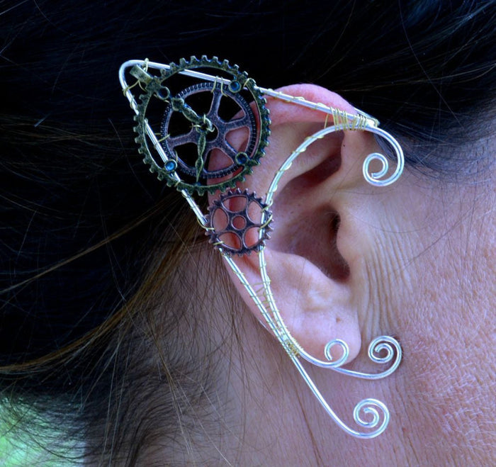 Model wearing Timeless Steampunk Clock Elf Ear Cuffs - Lightweight No Piercing