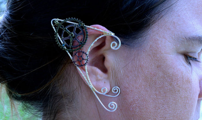 Model wearing Timeless Steampunk Clock Elf Ear Cuffs - Lightweight No Piercing