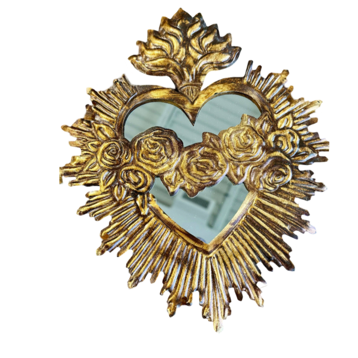 immaculate sacred heart gold tin rosary jesus mirror handmade