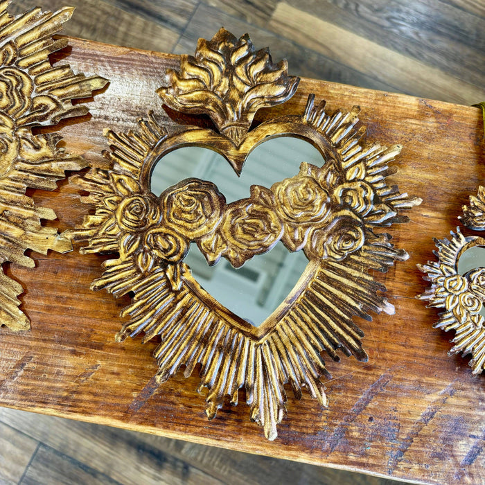 immaculate sacred heart gold tin rosary jesus mirror handmade