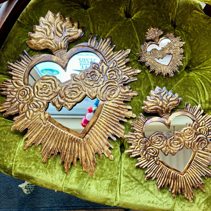 immaculate sacred heart gold tin rosary jesus mirror handmade