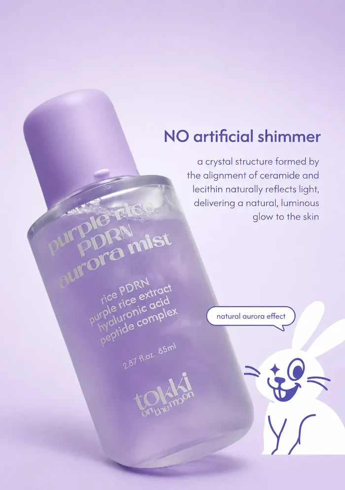 A bottle of Tokki Unison Purple R30 PDRN Aurora Mist on a light lavender background, with descriptive text and a cartoon bunny illustration.