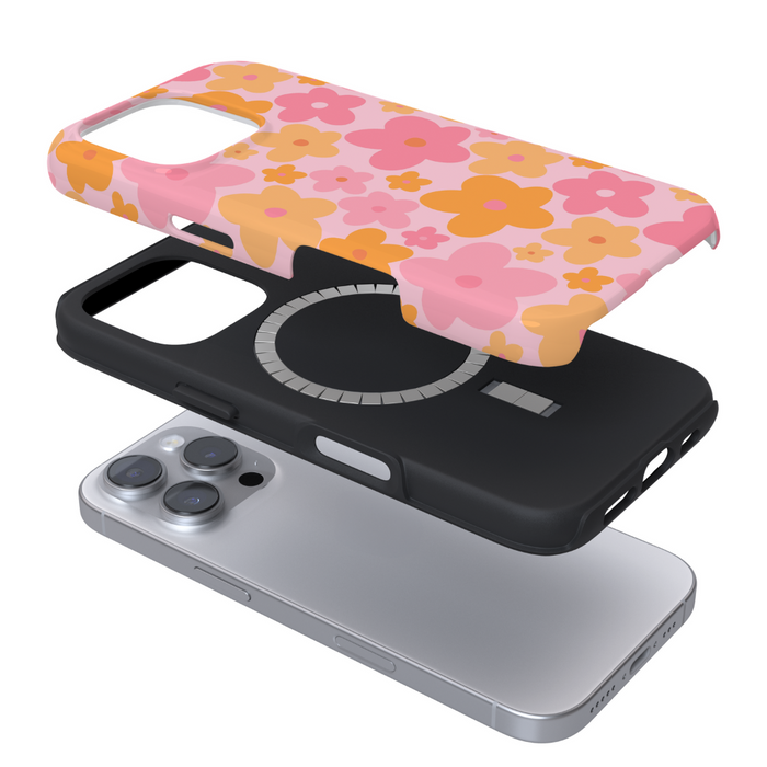 Coconut Lane Tough MagSafe phone case, pink with orange and yellow floral pattern, shown with black interior.
