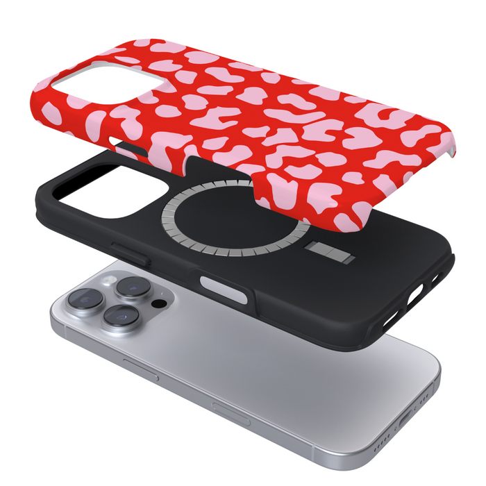 Exploded view of a red and pink leopard print Tough MagSafe® phone case from Coconut Lane.