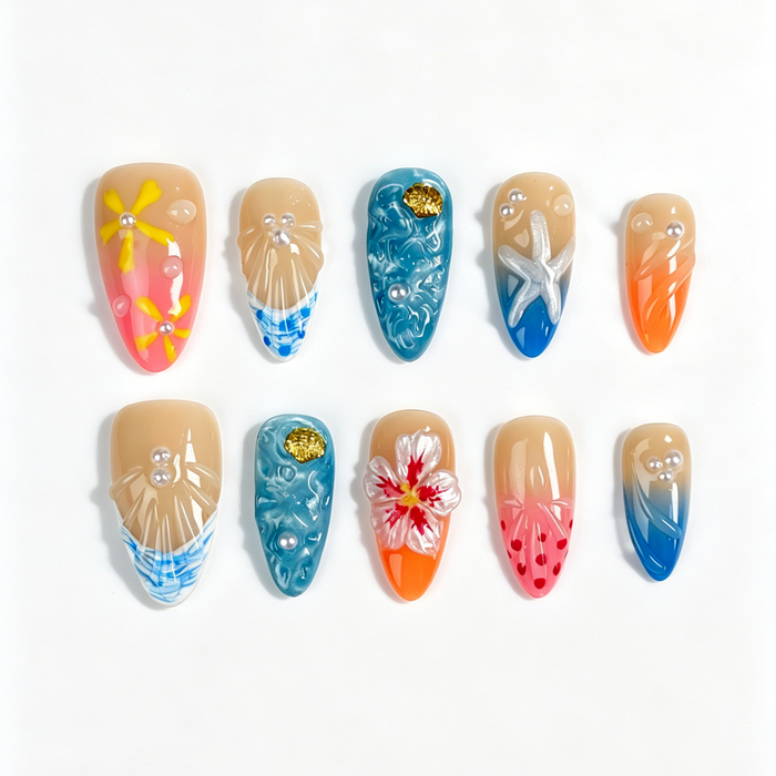 Medium Almond Press On Nails, Handmade Tropical Ocean Fake Nails, Hibiscus Starfish Shell Pearl Summer Nail Art Set
