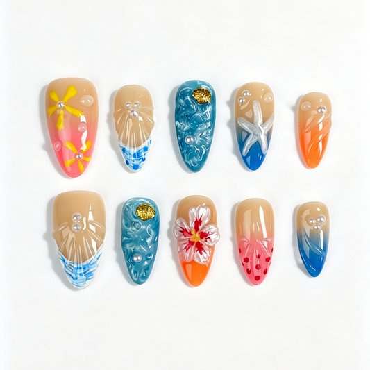 Medium Almond Press On Nails, Handmade Tropical Ocean Fake Nails, Hibiscus Starfish Shell Pearl Summer Nail Art Set