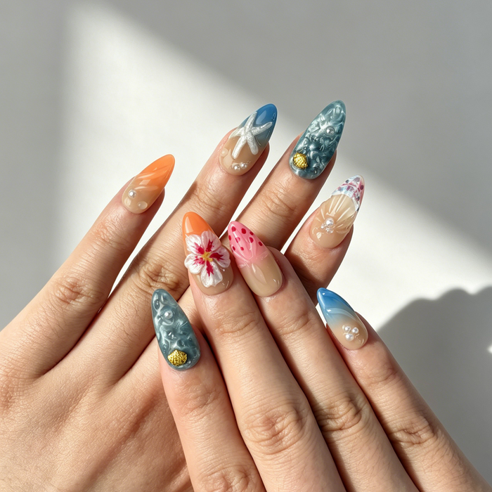 Hand Painted Beach Ocean Press On Nails, Medium Almond Tropical Hibiscus Starfish Shell Nails on Hand, Summer Pearl Fake Nail Tips