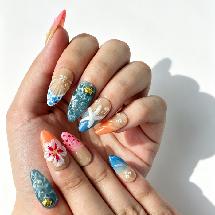 Close Up 3D Ocean Nail Art, Tropical Hibiscus Starfish Shell Pearl Decor, Medium Almond Nude Press On Nail Detail Shot