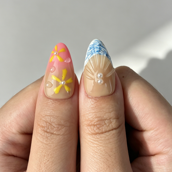 Tropical Ocean Hibiscus Press On Nails, Medium Almond Beach Starfish Shell Pearl Fake Nail Set
