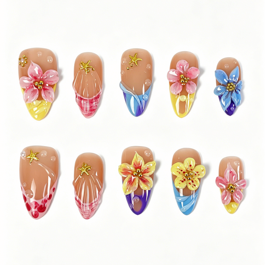 Medium Almond Press On Nails, Summer Tropical 3D Multicolor Floral Starfish Water Drop Fake Nail Set