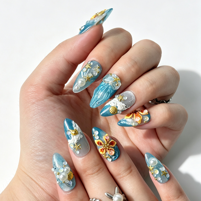 Turquoise Mermaid Bay medium almond fake nails worn on fingers, blue cat eye with 3D jellyfish, seashell and pearl embellishments