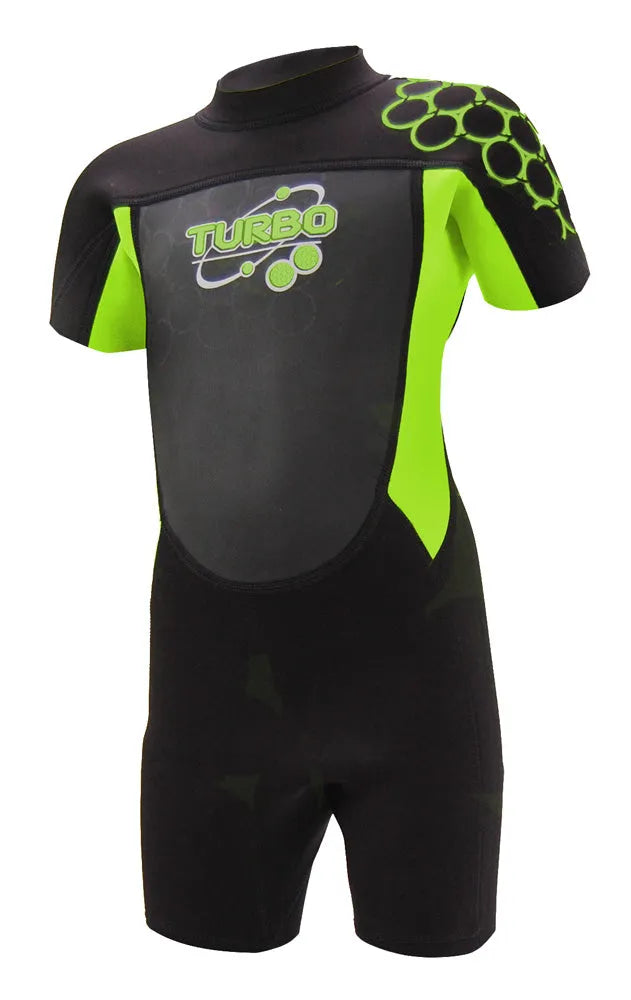 TWF Kids Turbo 2.5mm shortie wetsuit in black and green for children aged 7-8, designed for swimming and water activities
