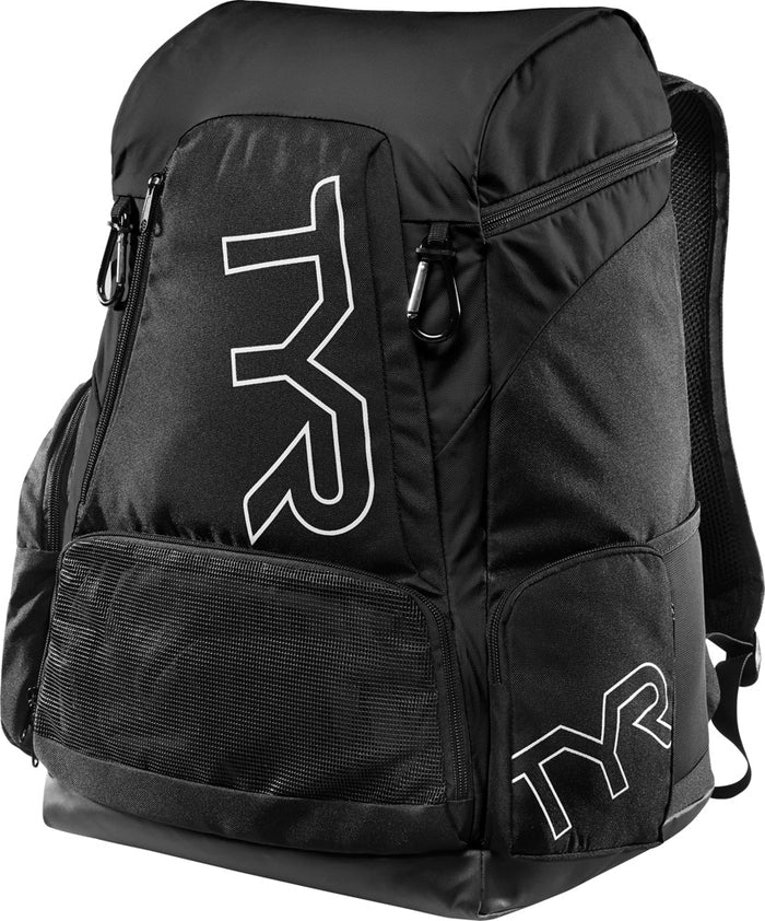 Black TYR Alliance 45L backpack with multiple compartments and adjustable straps, designed for sports and travel use.