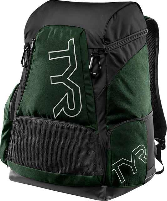 Green TYR Alliance 45L backpack with multiple compartments and padded straps, ideal for sports and travel use.