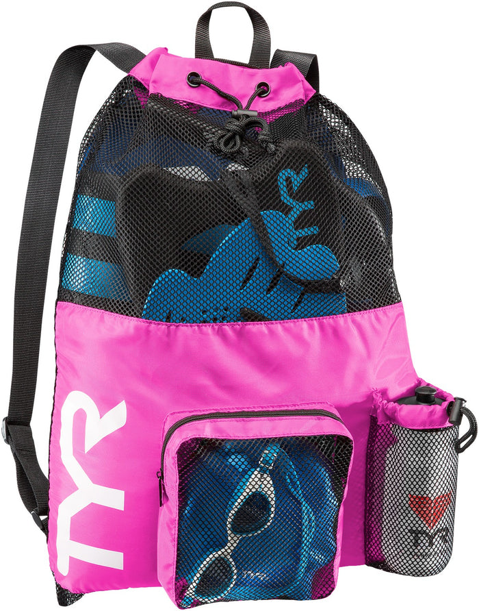 Pink TYR Big Mesh Mummy Backpack, a spacious mesh bag with adjustable straps and multiple compartments for swimming gear.
