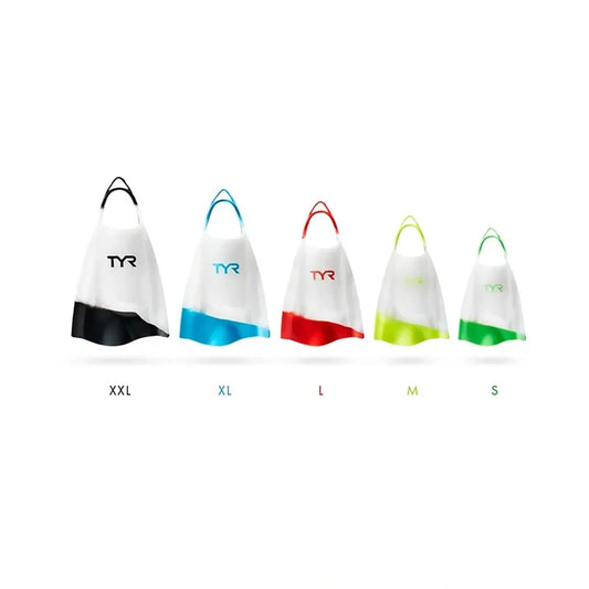Clear TYR Hydroblade fins for swimming and training, showing lightweight, flexible fin blades designed for aquatic performance.