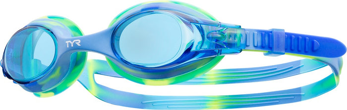 TYR Kids Swimples tie-dye goggles with adjustable straps and clear lenses, designed for young swimmers.