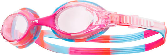 TYR Kids Swimples tie-dye swim goggles with adjustable strap and clear lenses, designed for young swimmers.