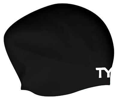 Black TYR long hair silicone swimming cap designed to reduce wrinkles and fit comfortably for swimmers with long hair.