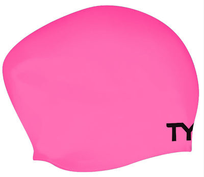Pink TYR long hair silicone swimming cap designed to prevent wrinkles and keep hair dry during swimming activities.