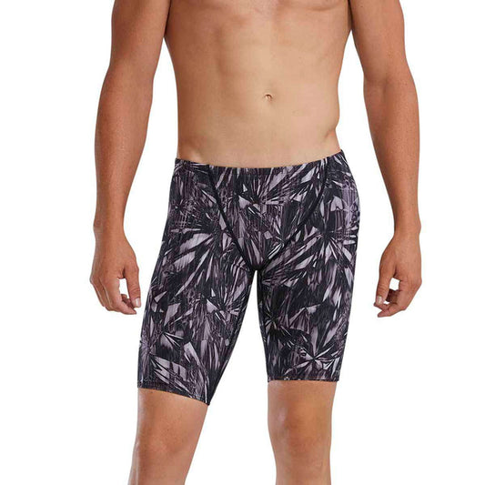 TYR men's Fragment Jammer in Titanium, close-up view of the swimming jammer with sleek design and TYR logo.
