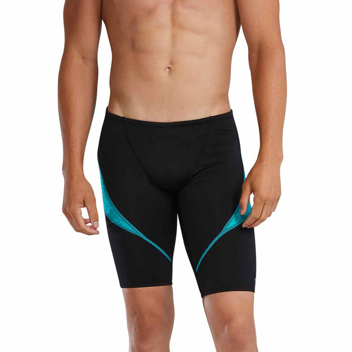 TYR men's teal lapped curve splice swim jammer, close-up view of the TYR branded swimwear designed for competitive swimming.