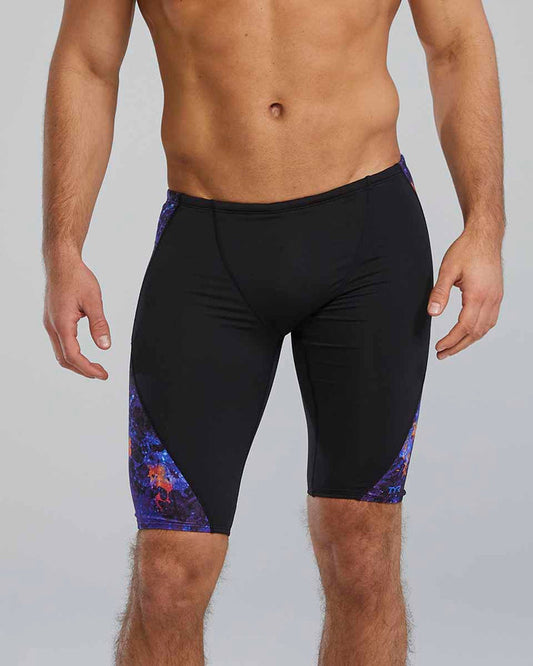 TYR men's Montipora Blade Splice jammer swim shorts in purple and orange, featuring a sleek, fitted design for competitive swimming.