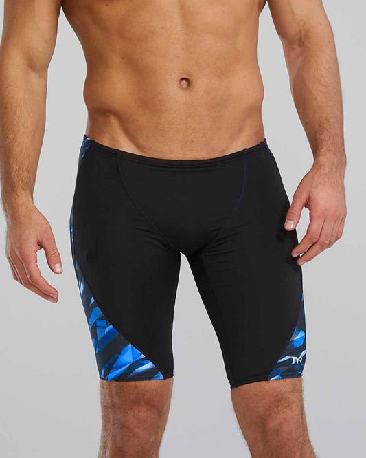 TYR men's Triadic Blade Splice jammer in blue, close-up view showing the sleek swimwear design and fabric details.