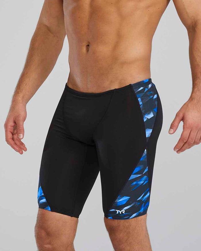 TYR men's Triadic Blade Splice jammer in blue, close-up of sleek swim jammers with blue and black design details.
