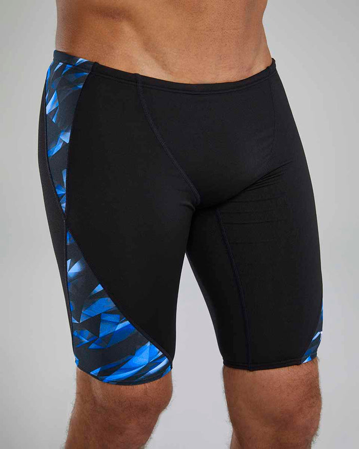 TYR men's Triadic Blade Splice jammer in blue, close-up view showing the sporty swimwear design and fabric details.