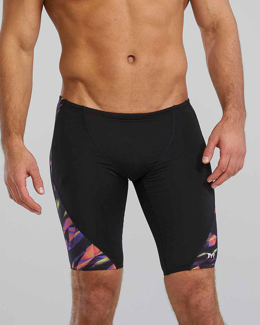 TYR men's Triadic Blade Splice jammer swimwear with colorful, multi-patterned design for competitive swimming or training.