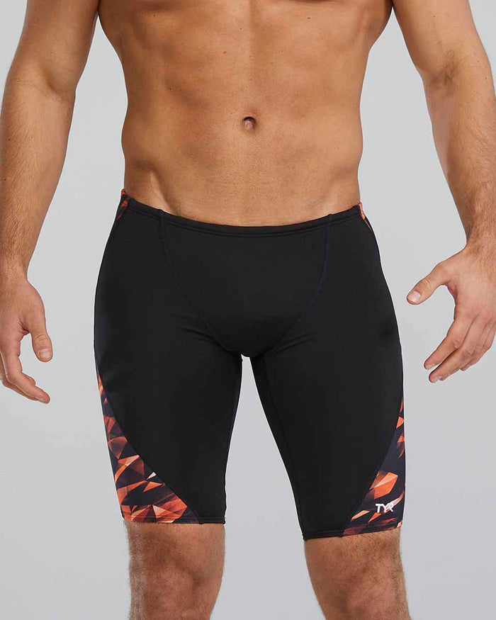 TYR men's Triadic Blade Splice jammer in orange with a sleek, athletic design for competitive swimming.