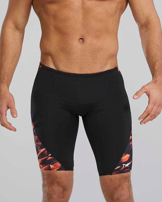 TYR men's Triadic Blade Splice jammer in orange with a sleek, athletic design for competitive swimming.