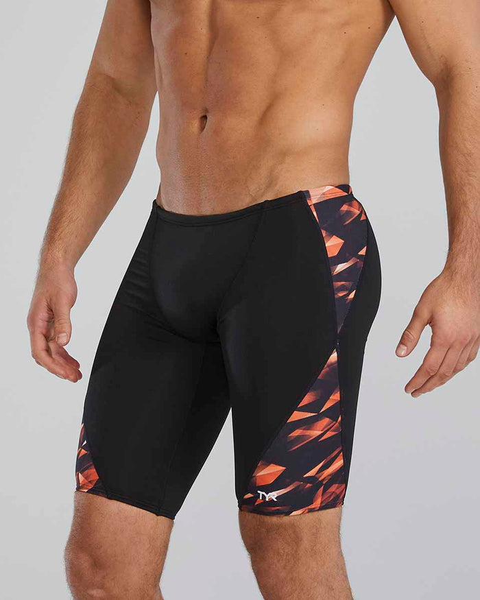 TYR men's Triadic Blade Splice jammer in orange, featuring a sleek swimwear design with bold color blocking and ergonomic fit.
